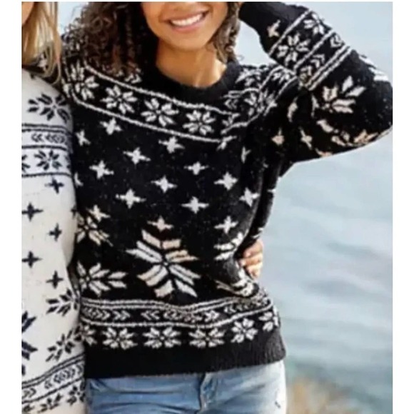 Barefoot Dreams CozyChic Black Seaside Crew-Neck Pullover Fair Isle Size M - Picture 3 of 12